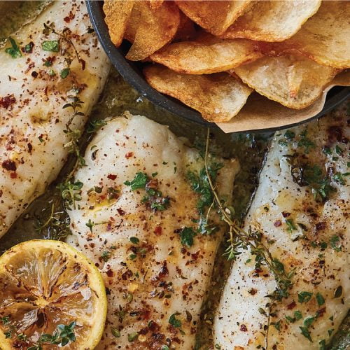 GRILLED HAKE FILLETS WITH LEMON BUTTER & POTATO CRISPS I&J