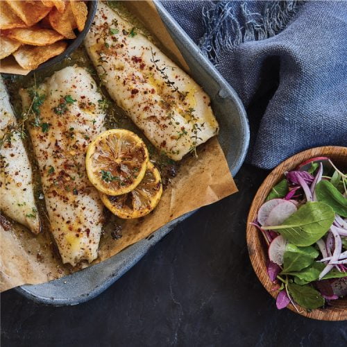 GRILLED HAKE FILLETS WITH LEMON BUTTER & POTATO CRISPS I&J