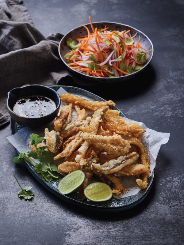 TEMPURA HAKE GOUJONS WITH A RAINBOW SLAW I&J