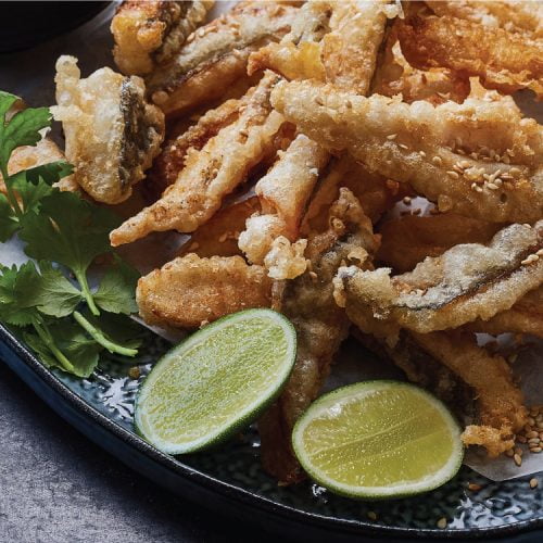 TEMPURA HAKE GOUJONS WITH A RAINBOW SLAW I&J