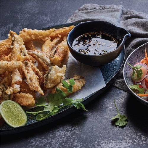 TEMPURA HAKE GOUJONS WITH A RAINBOW SLAW I&J